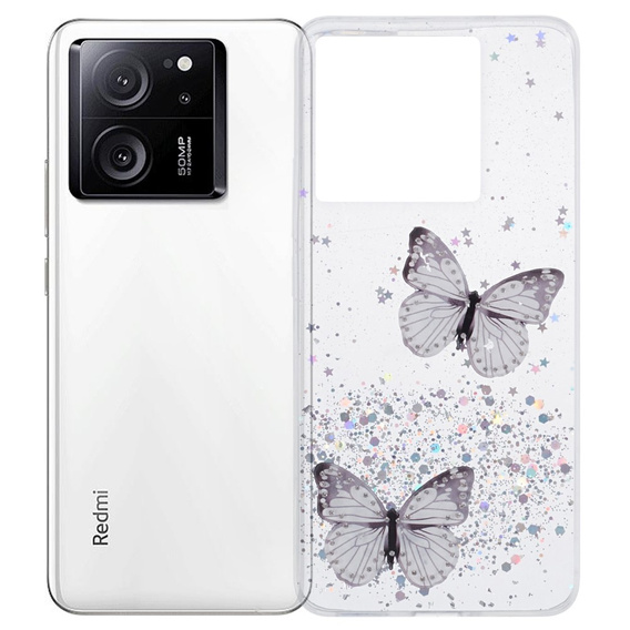 Puzdro pre Xiaomi 13T / 13T Pro / Redmi K60 Ultra, Glitter Butterfly, biele