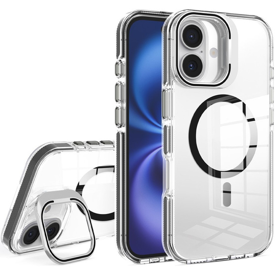 Puzdro pre iPhone 17, pre MagSafe, so stojanom, priehľadné s čiernymi vložkami