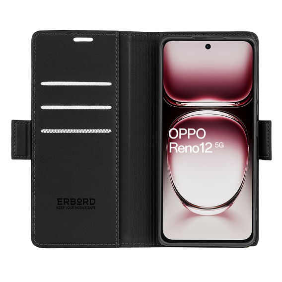 Puzdro pre Oppo Reno 12, ERBORD Glossy Litchi, flipová peňaženka, čierne