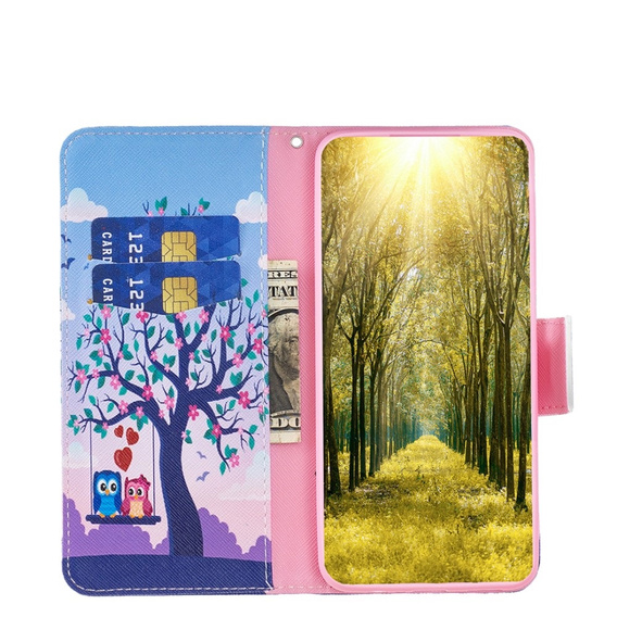 Klapkové puzdro pre Xiaomi Redmi 12C, Wallet, tree & owls, modré