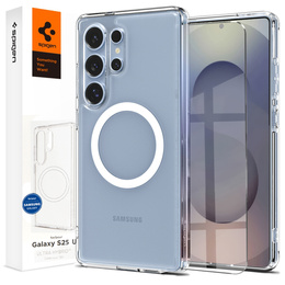 Puzdro MagSafe Spigen pre Samsung Galaxy S25 Ultra, Ultra Hybrid, transparentné / biele + tvrdené sklo 9H