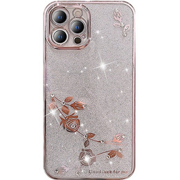 Puzdro pre iPhone 14 Pro Max, Glitter Flower, ružové rose gold