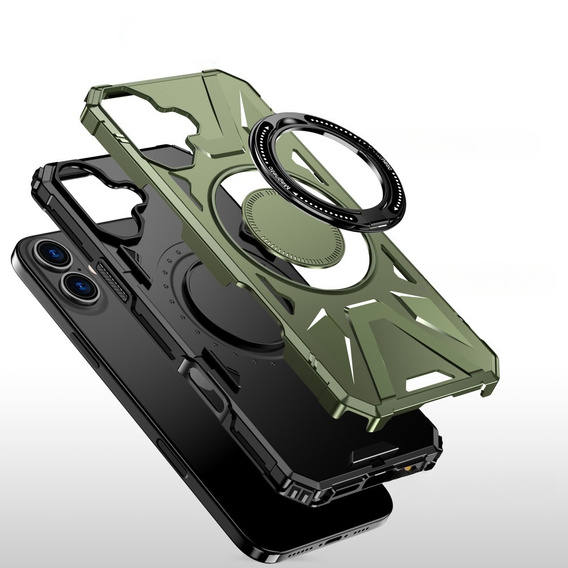 Puzdro pre iPhone 16 Plus, pancierované so stojanom a rukoväťou, zelený