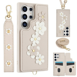 Puzdro pre Samsung Galaxy S24 Ultra, Leather Flower Card Slot, béžové