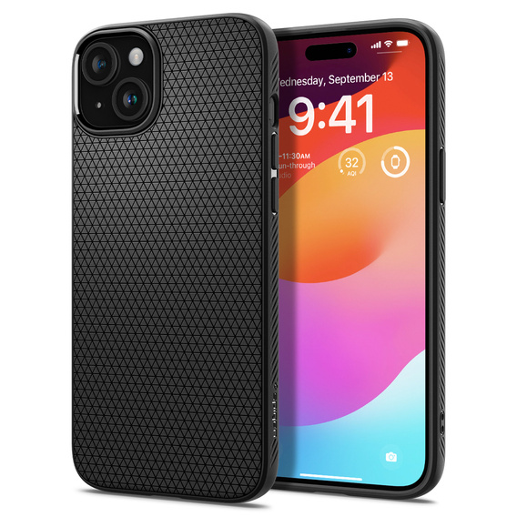 Puzdro Spigen pre iPhone 15, Liquid Air, čierne + tvrdené sklo 9H