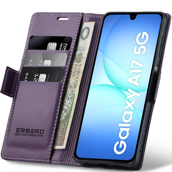 Puzdro pre Samsung Galaxy A17 5G, ERBORD Glossy Litchi, flipová peňaženka, fialové