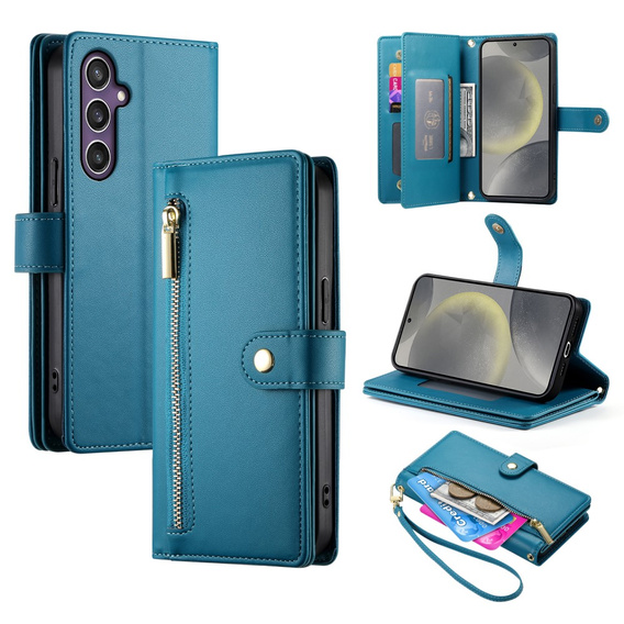 Klapkové puzdro pre Samsung Galaxy S25, Wallet Zipper Pocket, modré