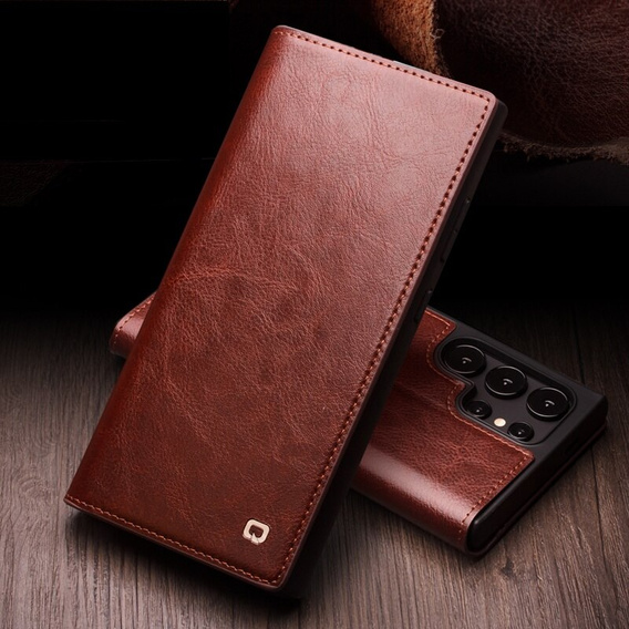 Flipové puzdro pre Samsung Galaxy S25 Ultra, QIALINO Leather Wallet, tmavohnedá