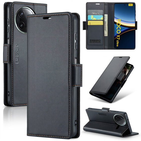 Puzdro pre Xiaomi Poco F7 Ultra, ERBORD Glossy Litchi, flipová peňaženka, čierne