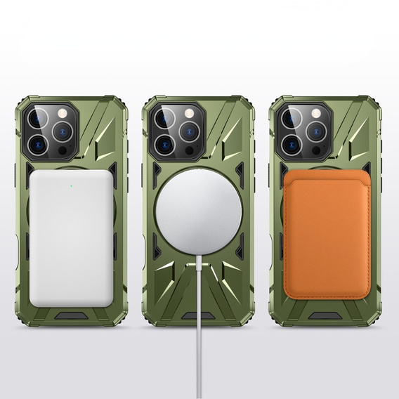 Puzdro pre iPhone 16 Pro Max, pancierované so stojanom a rukoväťou, zelený