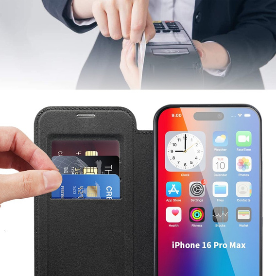 Klapkové puzdro pre iPhone 16 Pro Max, RFID Wallet MagSafe CamShield, čierne