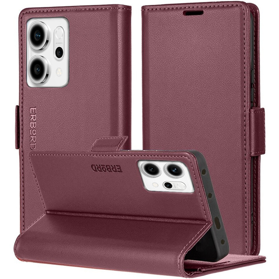 Puzdro pre Oppo Reno 14, ERBORD Glossy Litchi, flipová peňaženka, červené