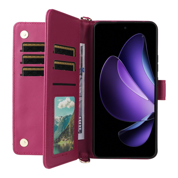 Puzdro s chlopňou pre Oppo Reno 13F 5G, Crossbody Leather Wallet, bordové