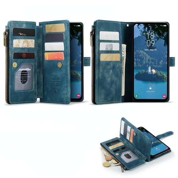 CASEME puzdro pre Samsung Galaxy A56 5G, Leather Wallet Cash and Card Slots, s remienkom, modré