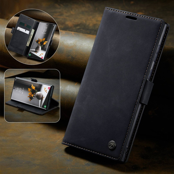 CASEME puzdro pre Samsung Galaxy S22 Ultra, Leather Wallet Case, čierne