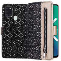 Klapkové puzdro pre Samsung Galaxy A21S, Wallet Pocket Zipper Lace, čierne