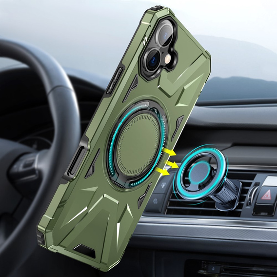 Puzdro pre iPhone 16, pancierované so stojanom a rukoväťou, zelený