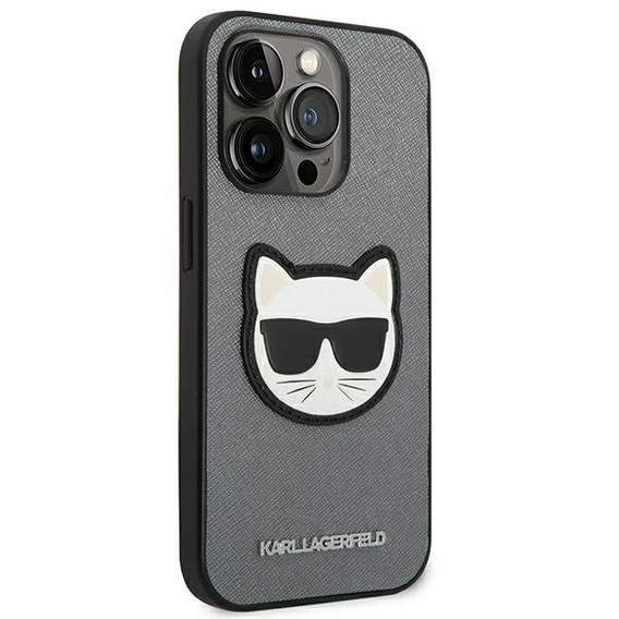 Karl Lagerfeld Obal na mobil pre iPhone 14 Pro Max, Saffiano Choupette Head Patch, strieborné