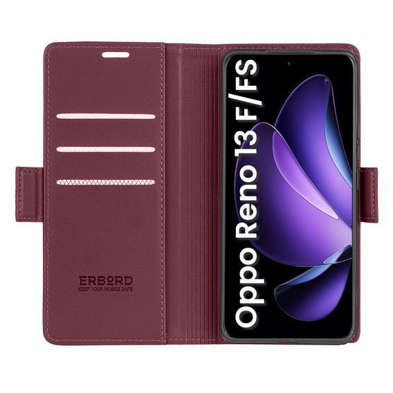 Puzdro pre Oppo Reno 13F / Oppo Reno 13FS, ERBORD Glossy Litchi, flipová peňaženka, červené