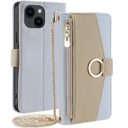 Flipové puzdro pre iPhone 15, Wallet Zipper Pocket, so zrkadlom, modré