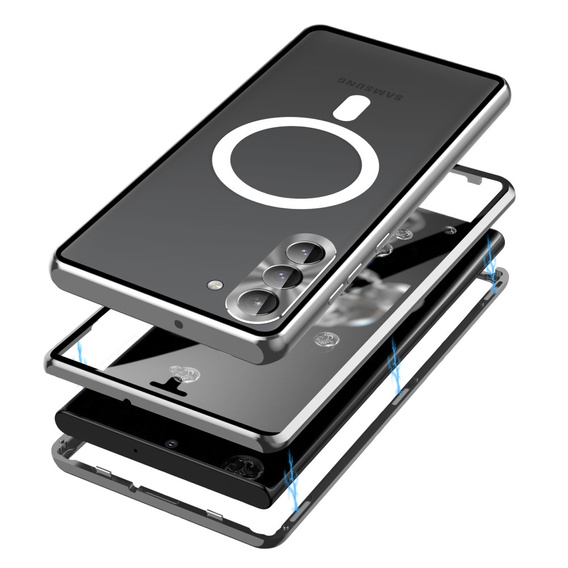 Magnetické puzdro Dual Glass MagSafe pre Samsung Galaxy S24, strieborné