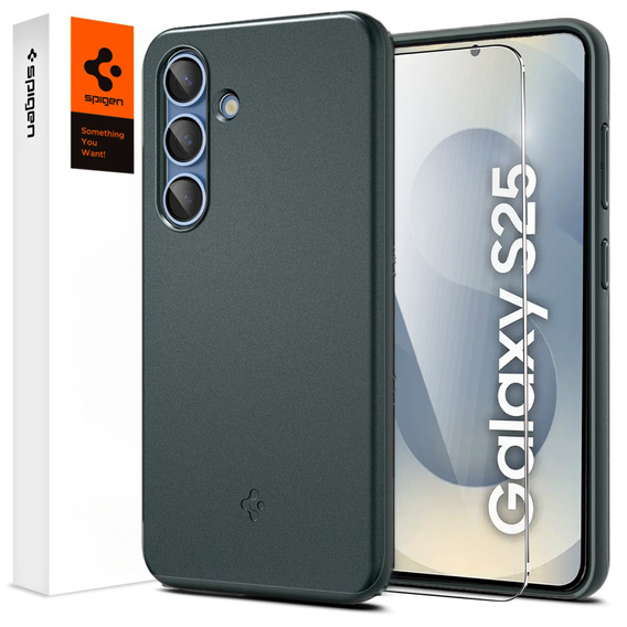 Puzdro Spigen pre Samsung Galaxy S25, Thin Fit Mag, zelené + tvrdené sklo 9H