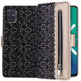 Klapkové puzdro pre Samsung Galaxy A51, Wallet Pocket Zipper Lace, čierne