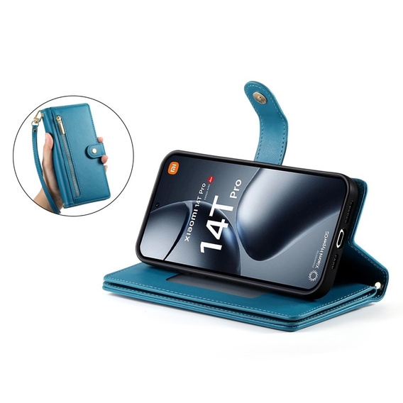 Klapkové puzdro pre Xiaomi 14T Pro, Wallet Zipper Pocket, modré