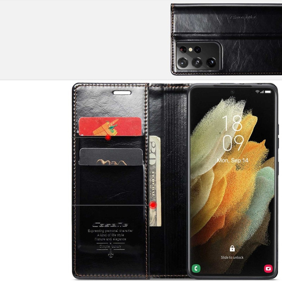 CASEME flipové puzdro pre Samsung Galaxy S21 Ultra 5G, Waxy Textured, čierne