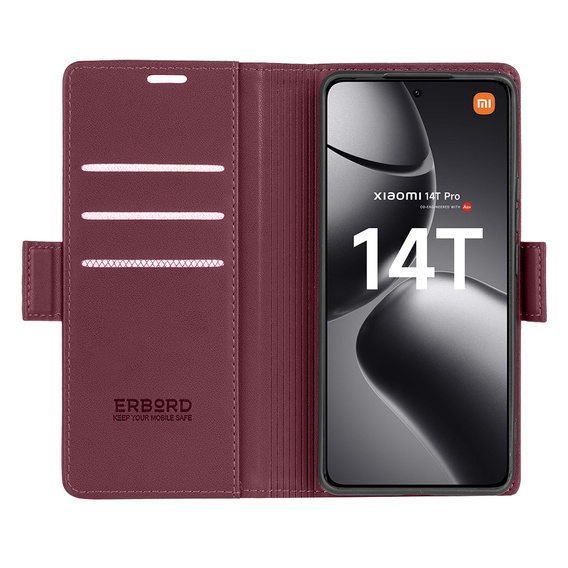 Puzdro pre Xiaomi 14T Pro, ERBORD Glossy Litchi, flipová peňaženka, červené