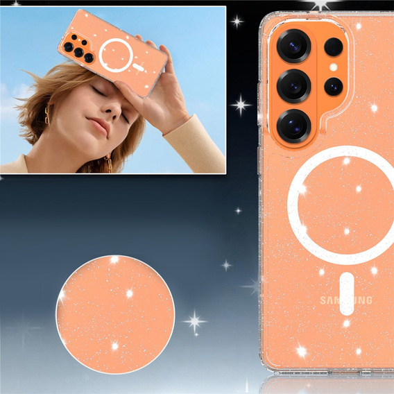 Tvrdené puzdro s trblietkami, pre MagSafe pre Samsung Galaxy S26 Ultra, priehľadné