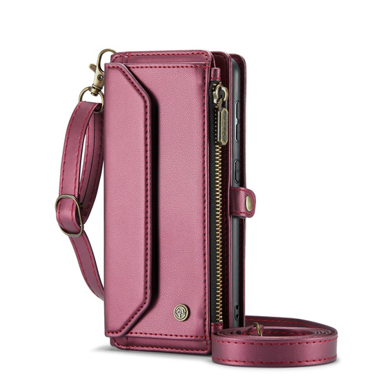 Puzdro CASEME pre Samsung Galaxy S24 FE, RFID Leather Wallet, s popruhom cez rameno, červené