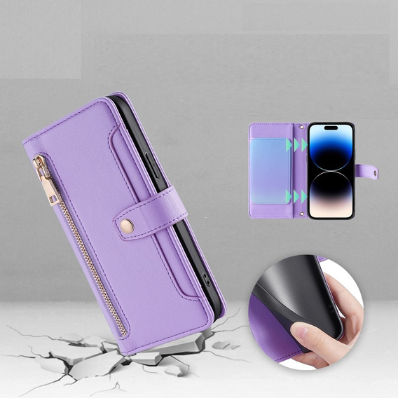 Klapkové puzdro pre iPhone 14 Pro, Wallet Zipper Pocket, fialové