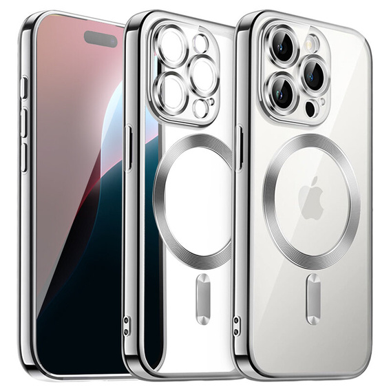 Puzdro pre iPhone 16 Pro, Electro MagSafe, strieborné + sklo na displej