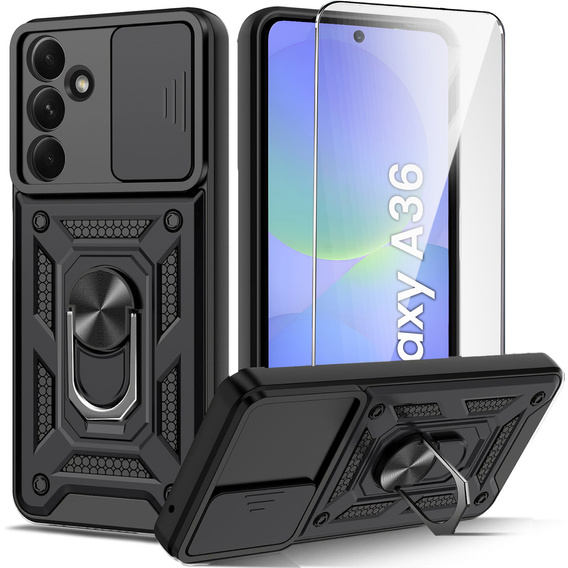 Pancierované puzdro pre Samsung Galaxy A36, CamShield Slide, čierne + tvrdené sklo 9H
