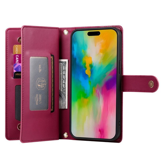 Klapkové puzdro pre iPhone 16 Pro Max, Wallet Zipper Pocket, červené