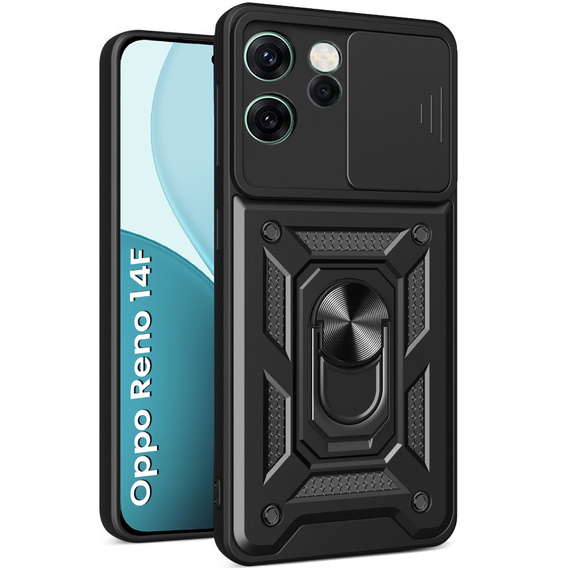 Pancierované puzdro pre Oppo Reno 14F, s ochranou fotoaparátu, so stojanom, čierne
