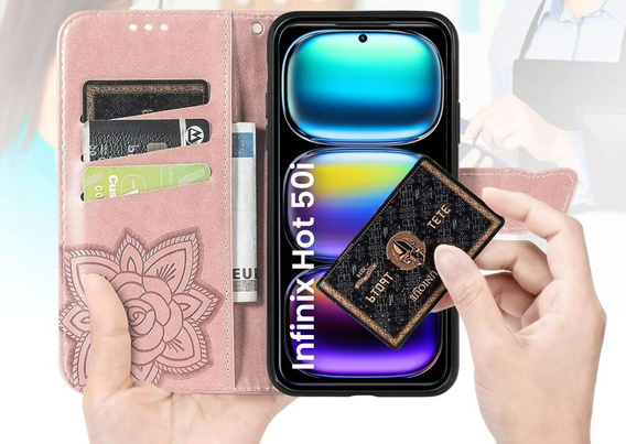 Klapkové puzdro pre Infinix Hot 50i 4G, Butterfly, ružové rose gold