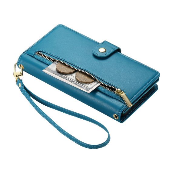 Klapkové puzdro pre iPhone 16, Wallet Zipper Pocket, modré