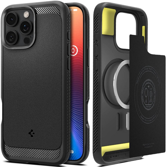 Puzdro Spigen pre iPhone 16 Pro Max, Rugged Armor MagSafe, čierne + tvrdené sklo 9H