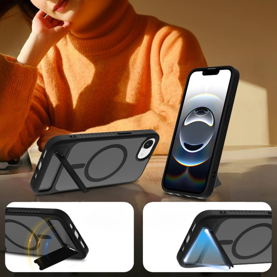 Puzdro pre iPhone 16E, Kickstand Matt Case, pre MagSafe, čierne