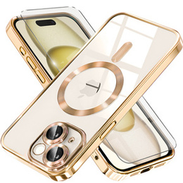 Puzdro pre iPhone 15, Electro MagSafe, zlaté + sklo na displej