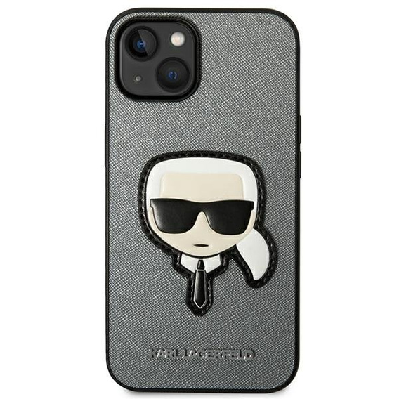 Karl Lagerfeld Obal na mobil pre iPhone 14, Saffiano Karl's Head Patch, strieborné