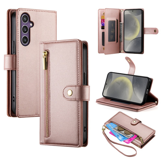 Klapkové puzdro pre Samsung Galaxy S25+ Plus, Wallet Zipper Pocket, ružové