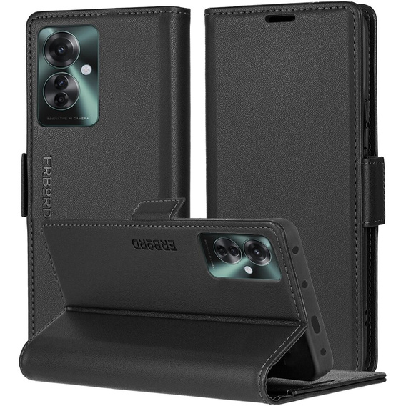 Puzdro pre Oppo Reno 11F, ERBORD Glossy Litchi, flipová peňaženka, čierne