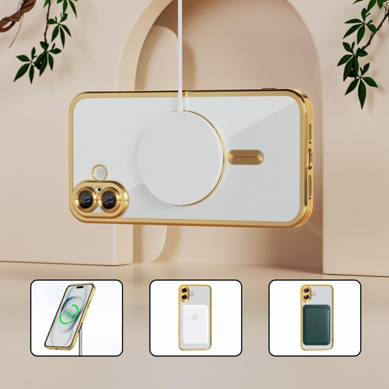 Puzdro pre iPhone 16 Plus, Electro MagSafe, zlaté + sklo na displej
