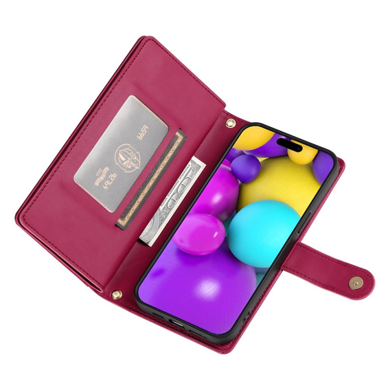 Klapkové puzdro pre iPhone 16 Plus, Wallet Zipper Pocket, červené