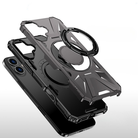 Puzdro pre iPhone 16, pancierované so stojanom a rukoväťou, sivé