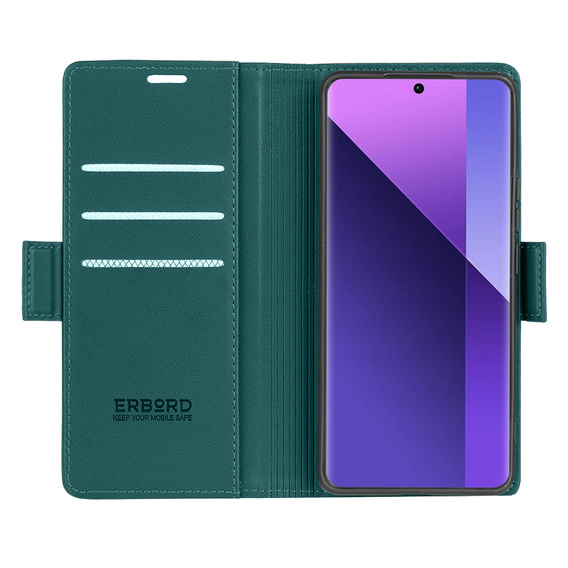 Puzdro pre Xiaomi Redmi Note 13 Pro+, ERBORD Glossy Litchi, flipová peňaženka, zelený