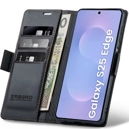 Puzdro pre Samsung Galaxy S25 Edge, ERBORD Glossy Litchi, flipová peňaženka, čierne